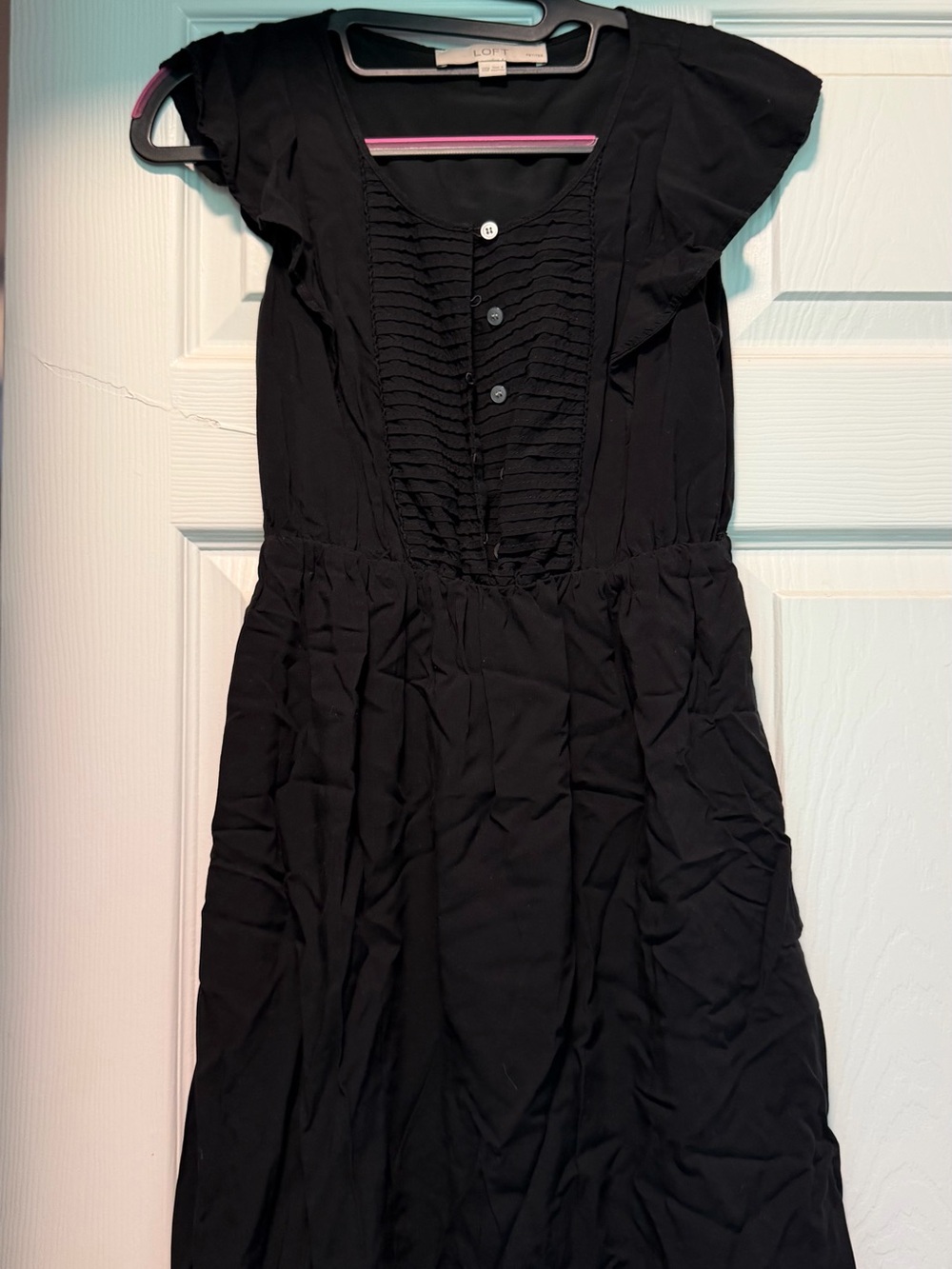 LOFT Black Midi Dress with Ruffle Cap Sleeves  XXS with front buttons